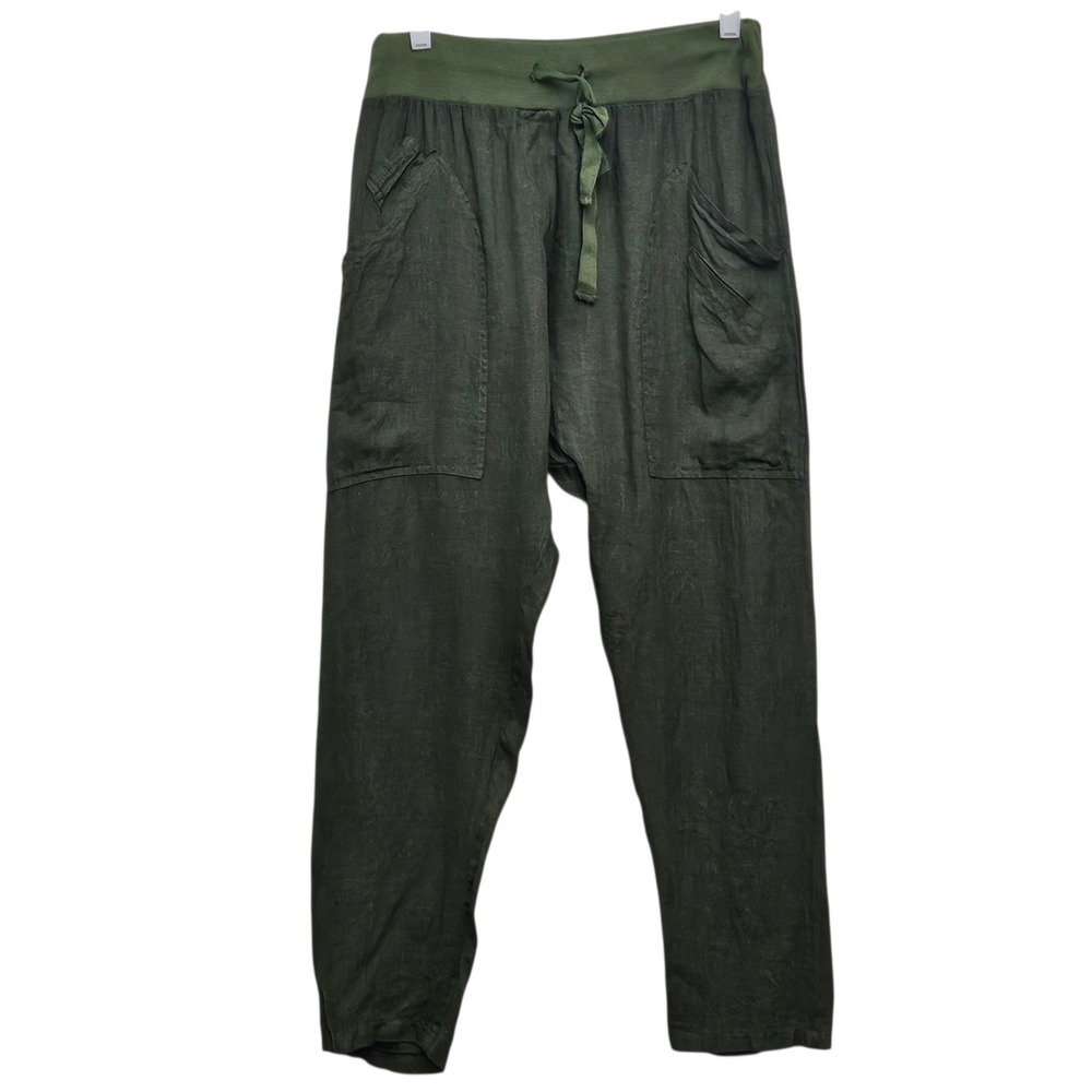 Devitalia Linen Pants Womens M Olive‎ Green Elastic Waist Made in Italy Tapered